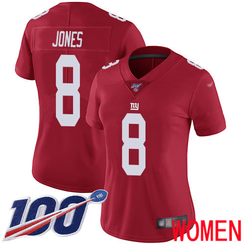 Women New York Giants 8 Daniel Jones Red Limited Red Inverted Legend 100th Season Football NFL Jersey